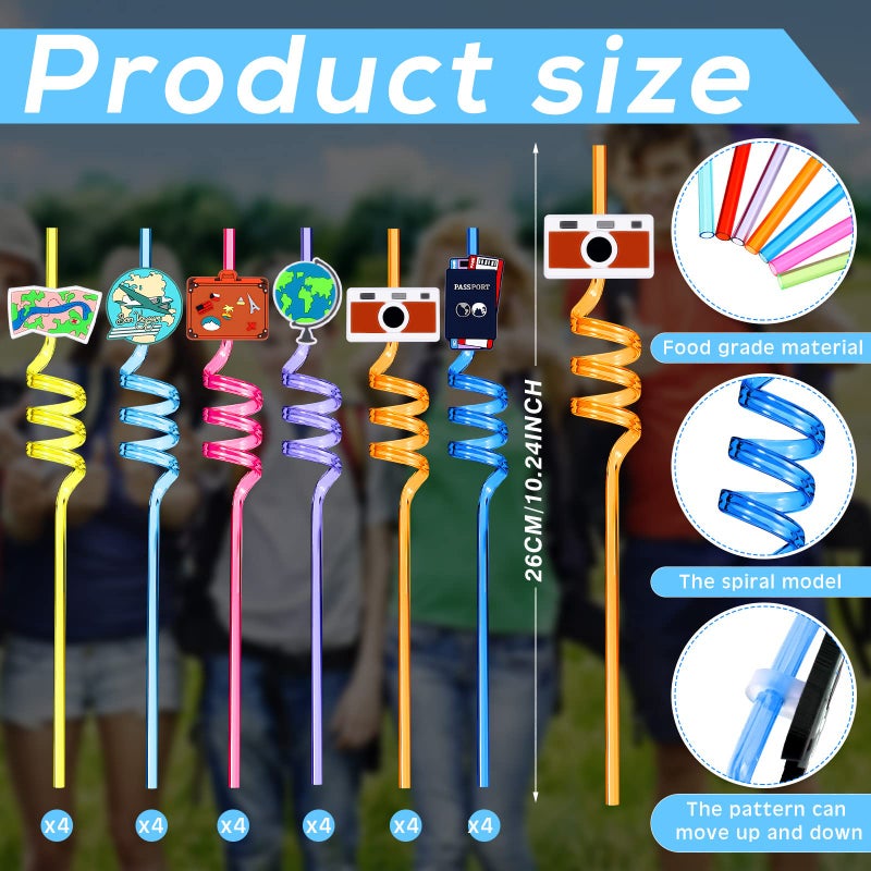 Hortsun 24 Pcs Travel Themed Party Favors Supplies Plastic Drinking Straws, Adventure Awaits Bon Voyage Birthday Party Supplies, Colorful Reusable Straws for Festivals Birthday Summer Beach Party Carnivals - Image 3